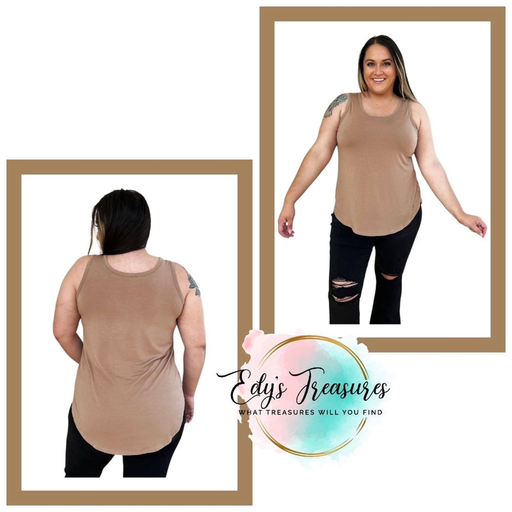 Basic Bae Tan Sleeveless Tank Top Curved Hem Soft Casual Layering Top New